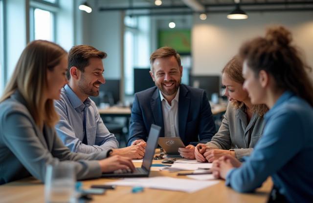 Alpen Spiel Studio team collaborating and discussing a game project in a modern office setting, suggesting teamwork and innovation.