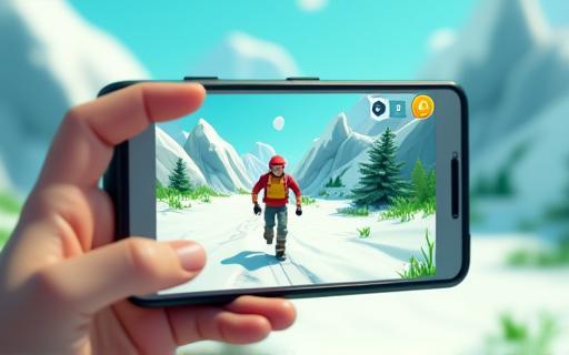 Screenshot from Alpine Runner game showing a character running through a stylized mountain landscape with snow-capped peaks.
