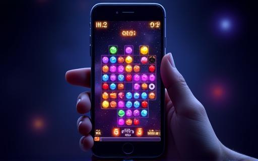Screenshot from Cosmic Puzzle Quest showing colorful space-themed puzzle elements on a mobile screen.