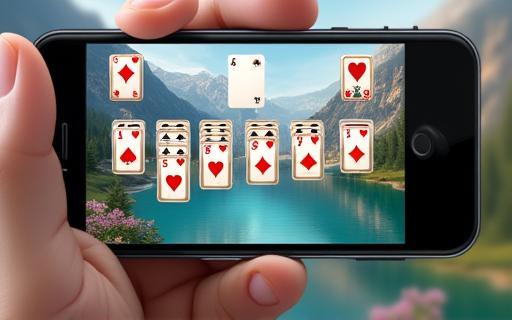 Screenshot from Swiss Solitaire Saga showing a classic solitaire game layout over a background image of a serene Swiss lake and mountains.