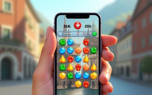 Screenshot from Zurich Match 3 game showing a match-3 board with icons representing landmarks of Zurich like the Grossmünster.